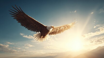 Fototapeta premium Majestic Eagle Soaring Through Sky at Sunrise in Golden Light