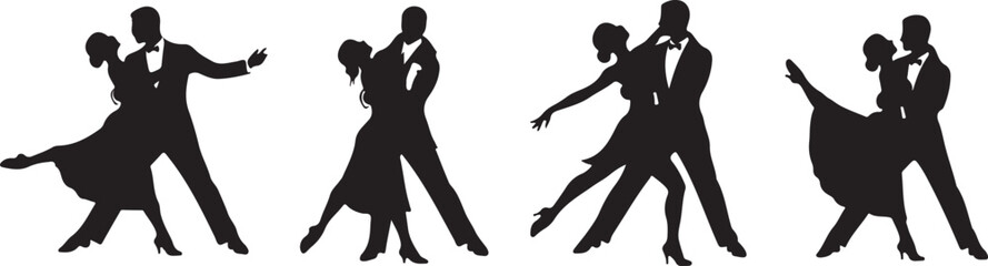 PrintBallroom dance silhouette, elegant couple pose, graceful movement, formal attire, tango moment, waltz rhythm, romantic gesture, black outline, choreography art