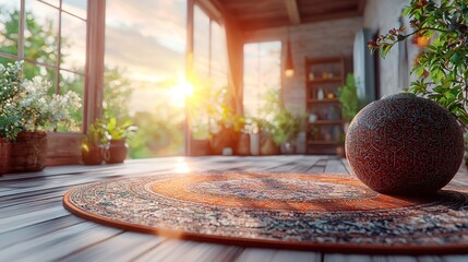 Sunlit room, plants, rug, ball