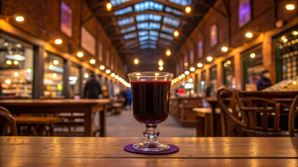 Mulled wine market creates a festive atmosphere. A cozy interior featuring a glass of dark drink on a wooden table, with warm lighting and a lively atmosphere.