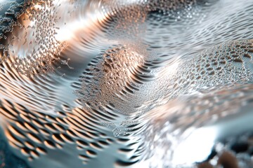 Abstract metallic surface with wave-like patterns and water droplets, creating a textured, reflective background.