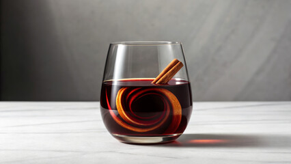 Mulled wine market creates a festive atmosphere. A glass of dark liquid with a swirling design and a cinnamon stick garnish.