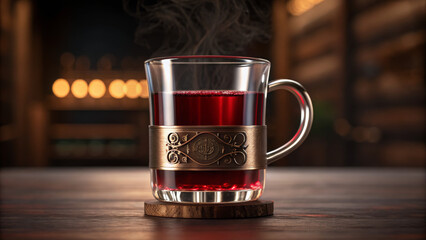 Mulled wine market creates a festive atmosphere. Steaming glass of tea with ornate holder, placed on a wooden table with blurred lights in the background.