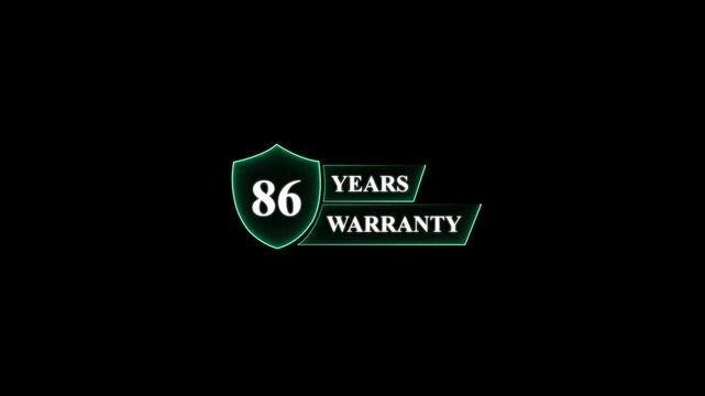 86 Years Warranty Shield Emblem Neon Glow eighty six . Glowing neon animation and black background.