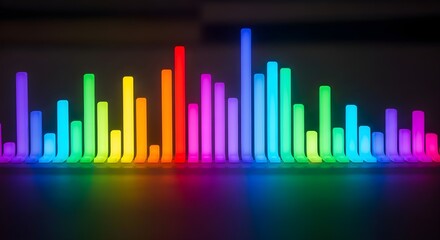 Illuminated graphic equalizer bars glow with vibrant rainbow hues, reflecting on a sleek, modern surface creating an abstract digital display