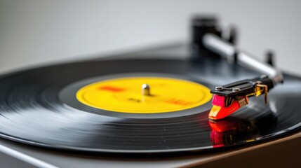 Vintage Vinyl Record Player with Turntable and Bright Yellow Label