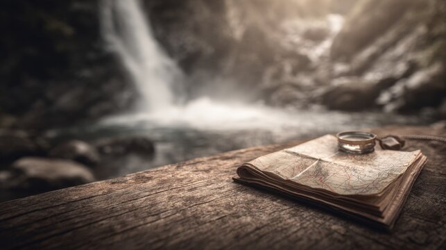 Vintage Map and Compass on Wooden Table Near Serene Waterfall