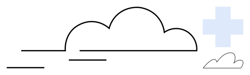 Large cloud with sleek motion lines, smaller cloud, and medical cross. Ideal for healthcare, data storage, technology, telemedicine, wellness modern design sustainability. Simple flat metaphor