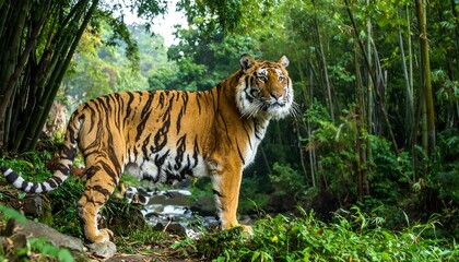 Majestic tiger stands in lush green foliage by a flowing stream, surrounded by bamboo