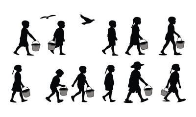 Silhouettes of children walking with buckets and birds flying overhead representing childhood summer and outdoor activities on a white background