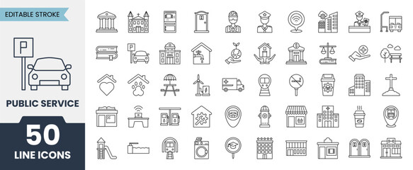 Public Service line icons set. Containing bank, governance, cathedrals, public toilet, hospital, stadion, police, wifi, parking park, no smoke and more. Editable stroke. Vector illustration