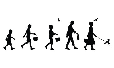 Silhouette of human life stages from childhood to adulthood representing growth development and the progression of life with a dog and birds in the background