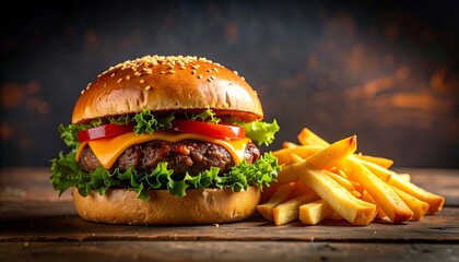 Burger with cheese, tomato and lettuce next to pile of fries on rustic wood table