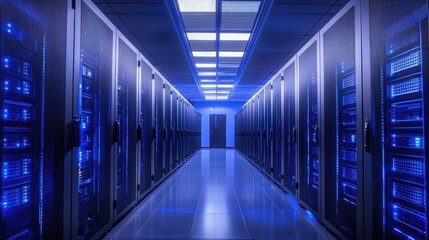 Fototapeta premium Advanced data center hallway with rows of illuminated server racks and blue lighting, ideal for IT infrastructure visuals, cloud computing concepts, and digital marketing use