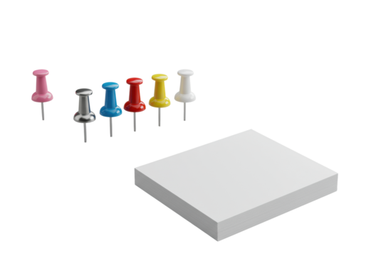 Seven multicolored high-gloss pushpins in diagonal line with white notecards on transparent studio background, 45-degree macro product photography, concept of meticulous organization