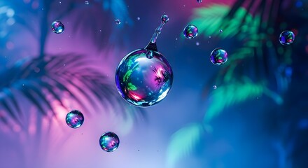 Suspended water droplets reflect a vibrant neon world, symbolizing global harmony and the delicate beauty of nature's ecosystems
