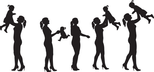 PrintMother and child silhouette, playful bond, caregiver love, toddler interaction, nurturing moment, black outline, emotional gesture, family connection, affection, care