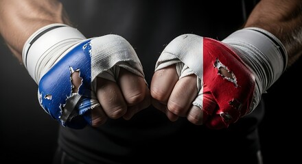 Closeup of fists wrapped in bandages with the french flag, symbolizing strength, unity, and national pride in combat sports