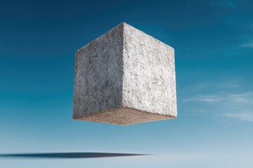 Floating concrete cube against a pale blue sky