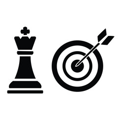 Strategic planning and execution icon set featuring a commanding chess king and a target with an arrow hitting the critical bullseye.