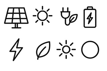 Solar Energy Icons. Solar Energy icons in outline style: solar panel grid, luminous sun, eco plug, battery with lightning, energy spark, green leaf,