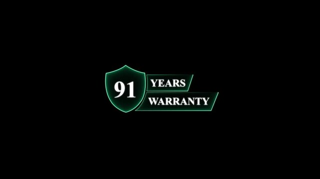Ninety One Years Warranty Shield Emblem guarantee . Glowing neon animation and black background.
