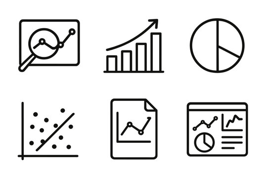 Data Analysis Icons. Data Analysis Icons icons in outline style: magnifying glass on chart, bar graph with arrow, pie chart breakdown, scatter plot