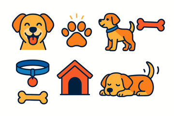 Fototapeta premium Vibrant Dog Icons. Pet Dog icons in modern flat : smiling dog with tongue, dog paw glowing, standing puppy, bone symbol, collar with charm, dog house