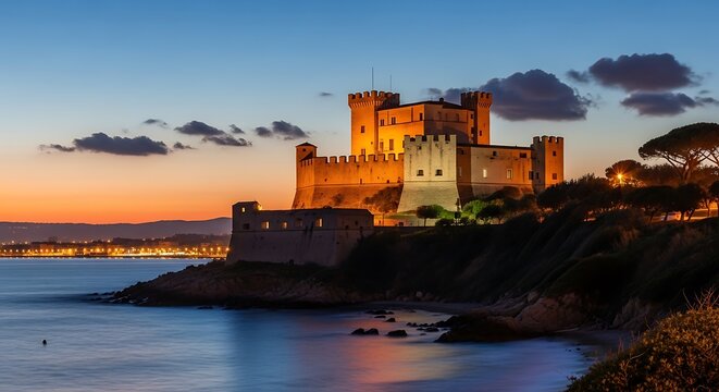 Italian Coastal Castle at Sunset.