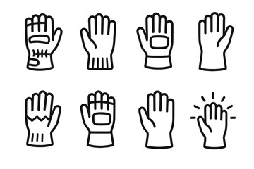 Obraz premium Diverse Work Gloves. Work Gloves icons in outline style: durable gloves, fabric gloves, padded palm gloves, protective rubber gloves, outdoor gloves,