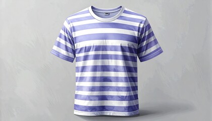 Purple and white striped t-shirt floating mid-air with soft gray paint splattered background