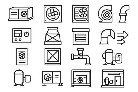 Industrial HVAC Icons. Industrial HVAC Icons icons in outline style: rooftop unit, duct fan, condenser coil, blower motor, control panel, cooling