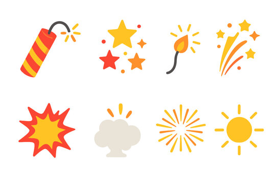 Vibrant Firecracker Icons. Firecrackers icons in modern flat : firecracker stick, exploding stars, fuse spark, bursting trail, glowing fireworks,
