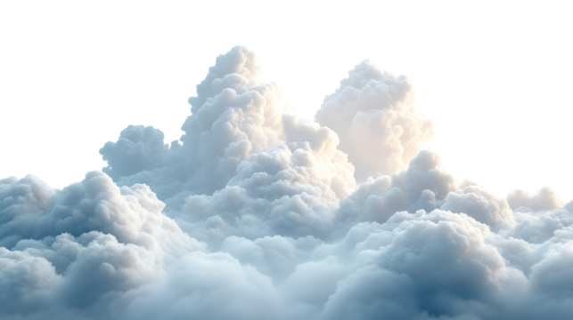Fluffy Cloudscape isolated on transparent background, white puffy clouds forming scenic backdrop