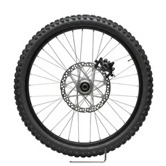 Pristine brand-new bicycle wheel with black knobby tire, silver rim, metal spokes, disc brake, orange reflector & silver hex key on a transparent studio background. Concept of engineering precision