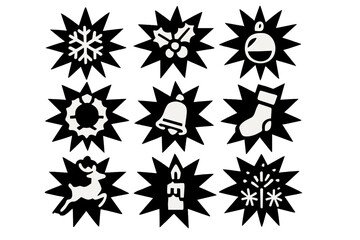 Fototapeta premium Holiday Icon Sparks. Holiday Sky Sparks silhouette set : spark with snowflake, spark with holly, spark with ornament, spark with wreath, spark with