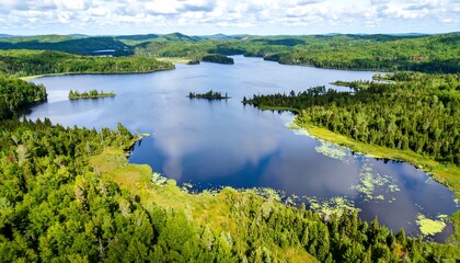 Aerial view of a tranquil lake surrounded by lush green forests under a cloudy sky