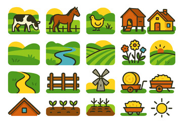 Fototapeta premium Countryside Icon Set. Countryside Fields Icons icons in modern flat : grazing cow, horse in pasture, chicken coop, farm cottage, open meadow, stream