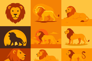 Obraz premium Wildlife silhouette icon set. featuring lion head, walking lion, sitting lion, roaring lion, sunset, savanna, mane