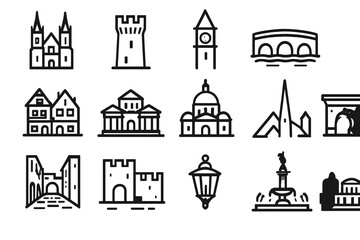 Naklejka premium Historic Skyline Icons. Historic Skyline Icons icons in outline style: cathedral tower, castle turret, clock tower, old stone bridge, traditional