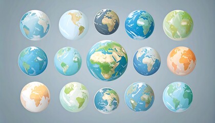 An array of 15 Earth globes with varied continent focuses, styles, and pastel color palettes