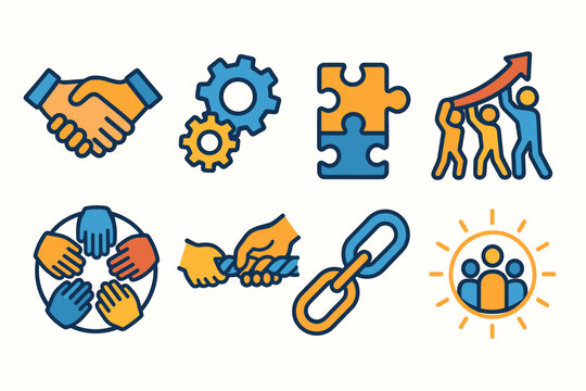Teamwork Unity Icons. Joint Effort icons in modern flat : two hands shaking, gears interlocking, puzzle pieces connecting, team lifting arrow, circle