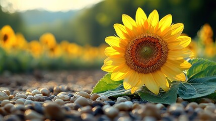 Sunny sunflower on pebbled ground