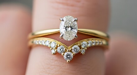 Close up of a woman s finger wearing a beautiful oval diamond engagement ring and a curved wedding band