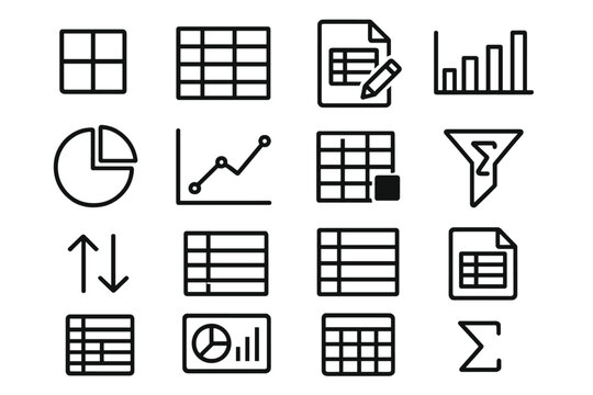 Spreadsheet Icon Set. Spreadsheet Grid Icons icons in outline style: grid cells, table with rows, editable sheet, bar chart, pie chart, line graph,