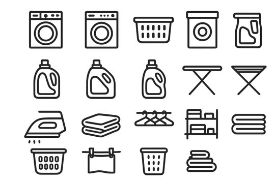 Laundry Icon Collection. Laundry Icons icons in outline style: washer, dryer, laundry basket, detergent box, liquid detergent, bleach bottle,