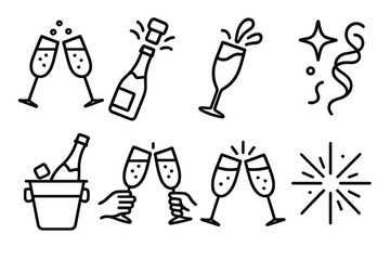 Champagne Celebration Icons. Champagne Toast icons in outline style: flutes with bubbles, popping cork, champagne splash, golden star shine, ribbon