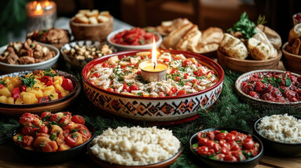 Classic Ukrainian kutia: a decadent wheat pudding mixed with poppy seeds, honey, raisins, and nuts served in a rustic wooden bowl, adorned with pine branches and cones for a festive touch
