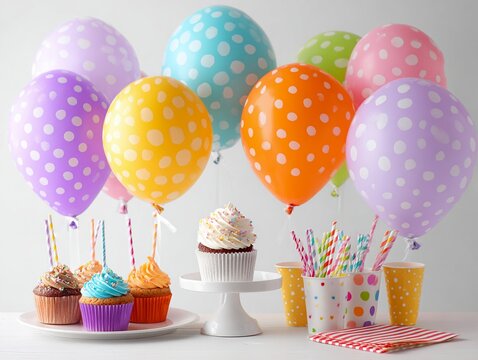 Colorful birthday party setup with polka dot balloons, cupcakes, and party supplies on a festive table
