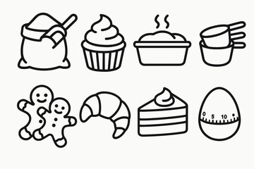 Baking Traditions Icons. Baking Traditions icons in outline style: flour sack with scoop, cupcake with frosting, bread rising in pan, measuring cups,
